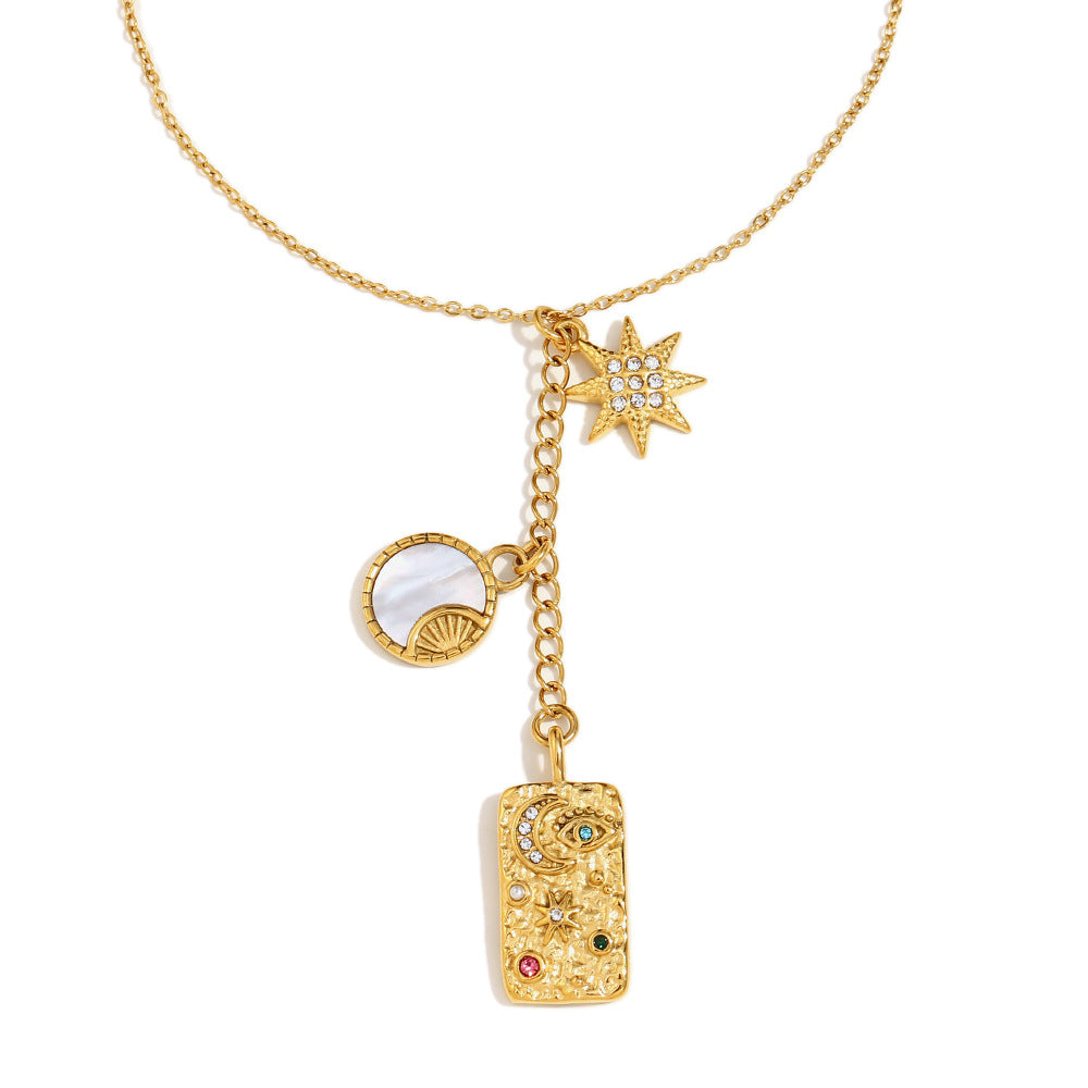 French Retro Cross Square Pendant Stainless Steel 18K Gold Plated Gemstone Love Flower Necklace