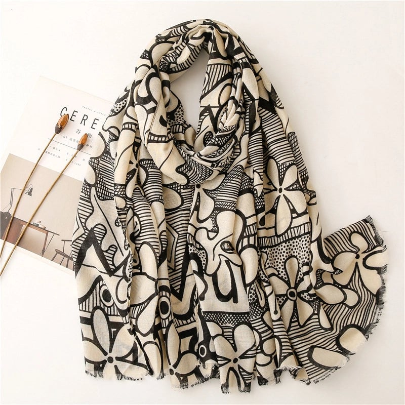 Flower Printed Cotton Linen Gauze Silk Scarf