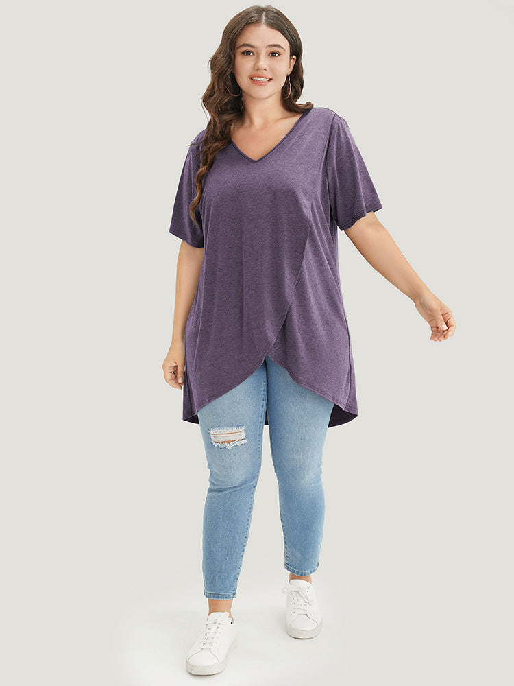 Plain V Neck Wrap High Low Hem T-shirt