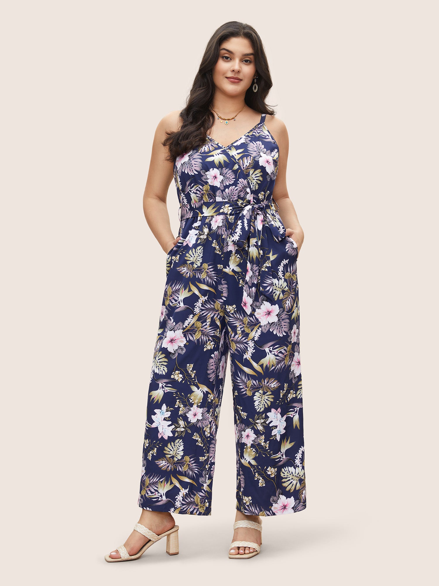 Floral Belted Pocket Wrap Cami Jumpsuit