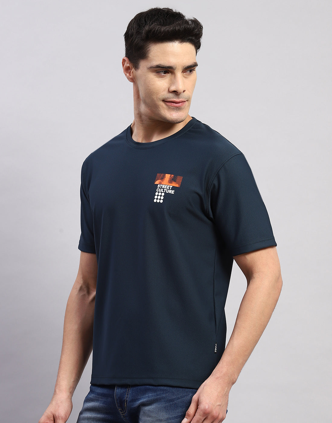 Men Navy Blue Printed Round Neck Half Sleeve T-Shirt