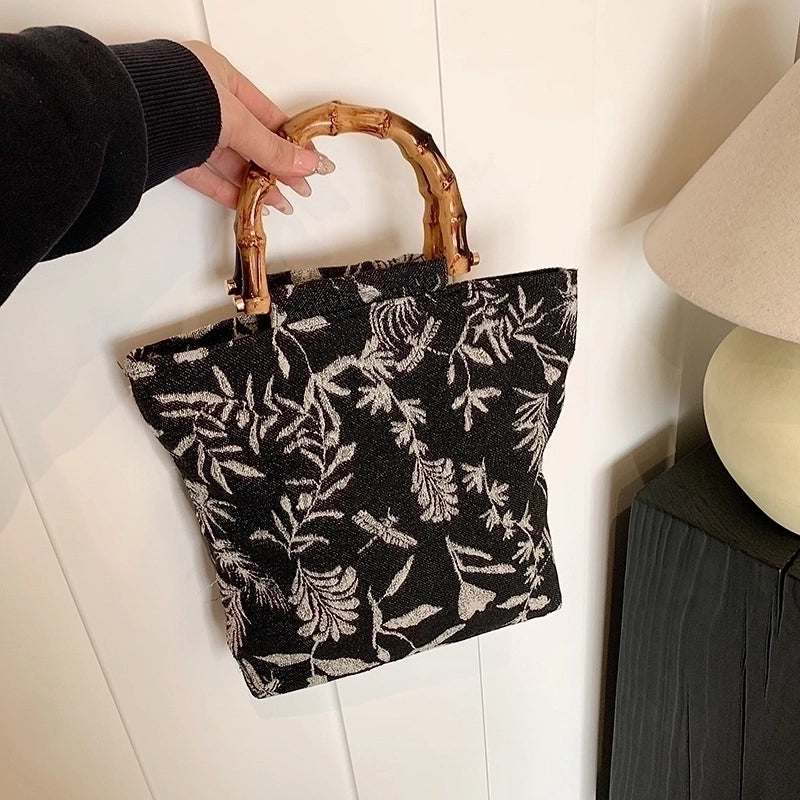 Women's Medium Cotton Leaves Vintage Style Square Magnetic Buckle Handbag