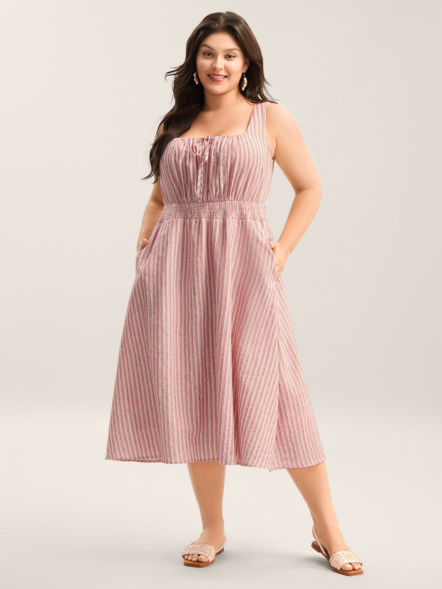 Stripe Print Shirred Waist Midi Dress