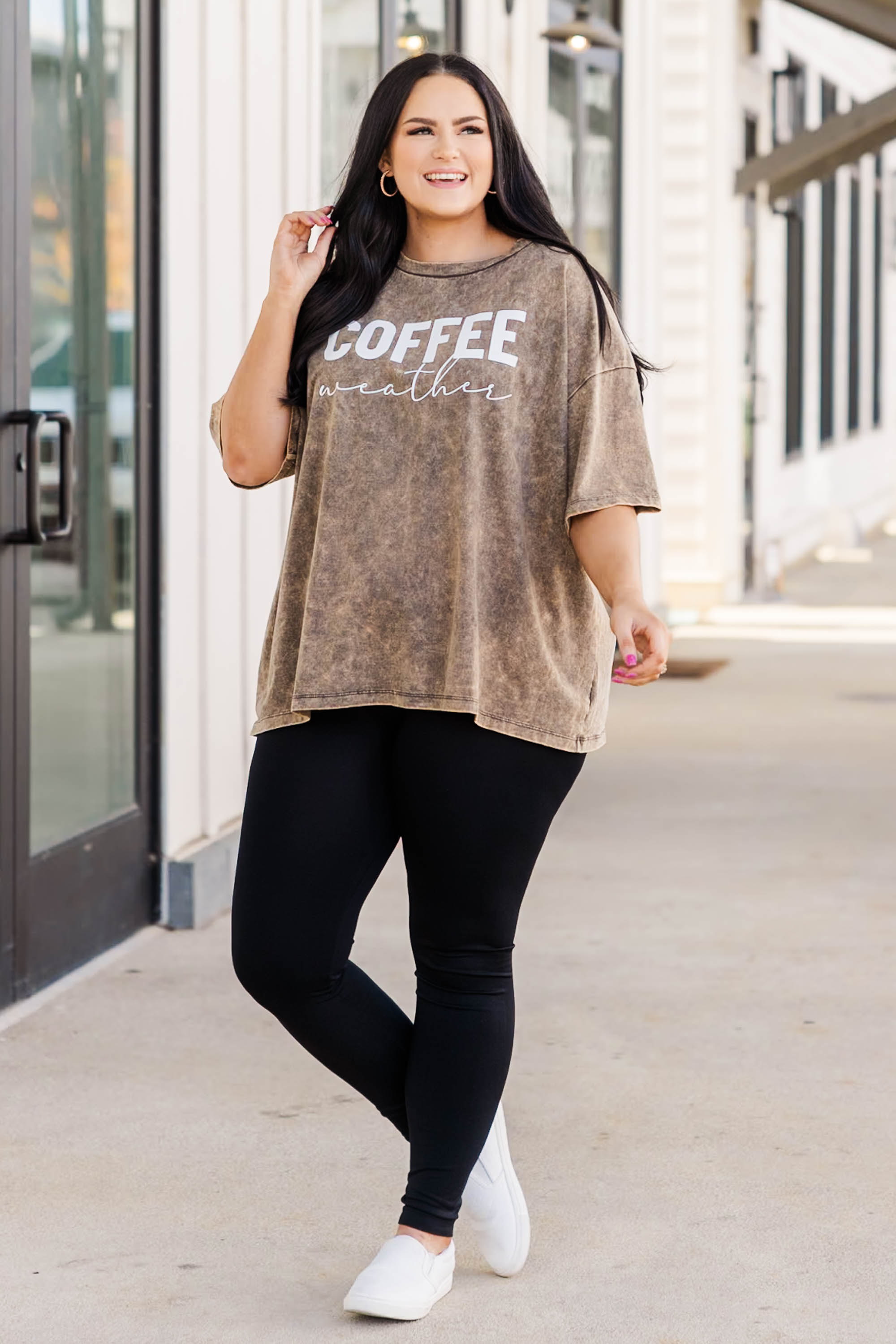 Coffee Weather Acid Wash Boyfriend Tee. Rust Brown