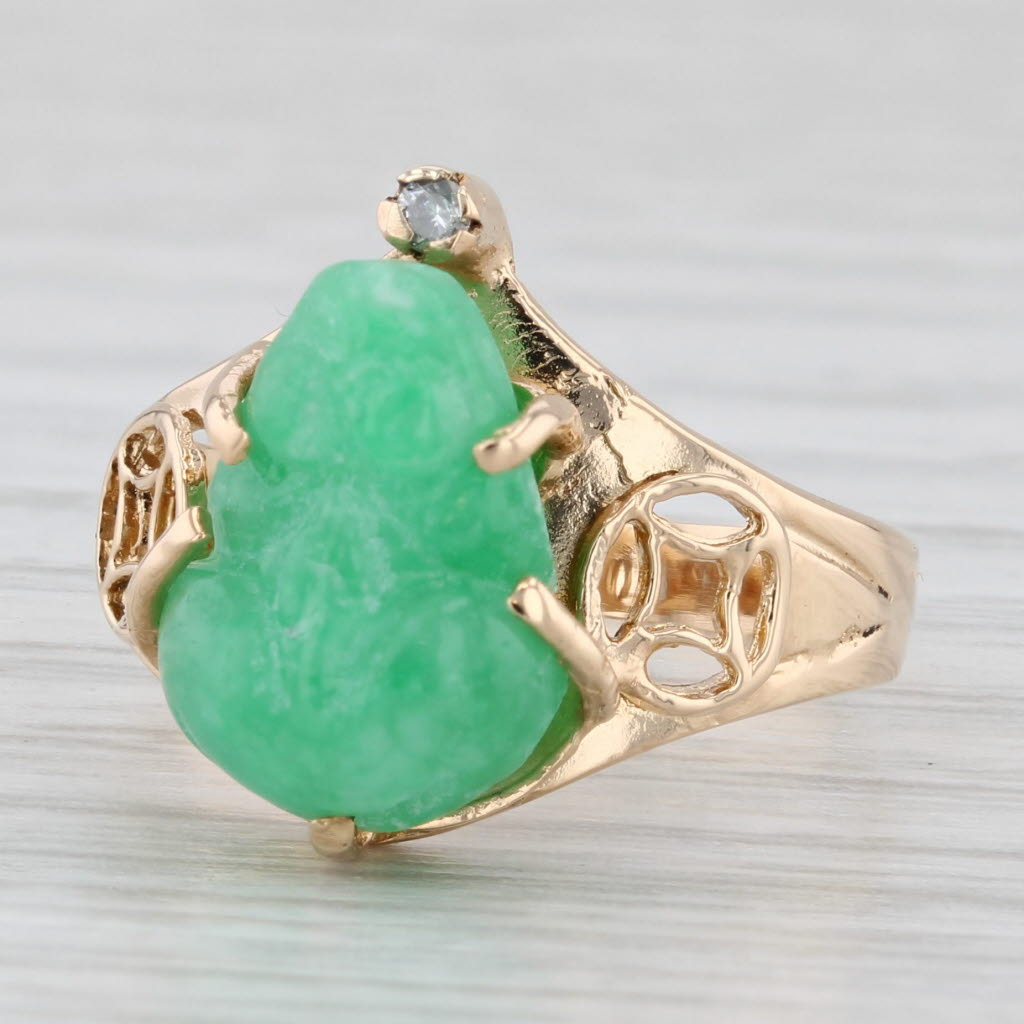 Carved Green Jade Frog Diamond 18k Yellow Gold Size 6 Vintage AS IS