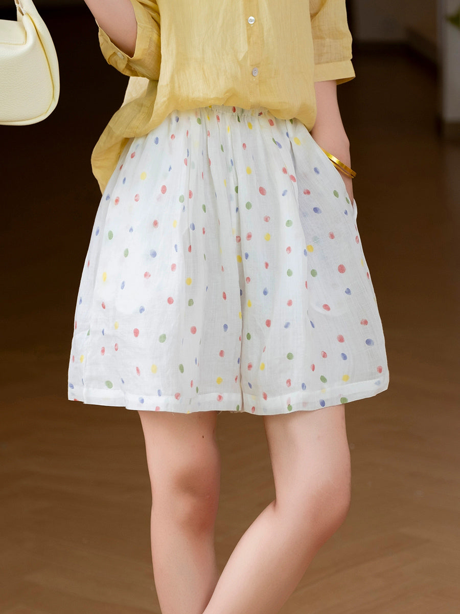 Women Summer Artsy Dot 100%Ramie Wide-leg Shorts