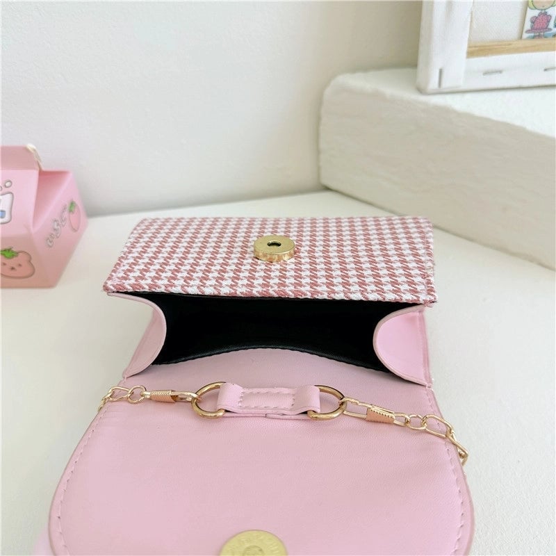 Girl's Pu Leather Houndstooth Bow Knot Cute Pearls Sewing Thread Square Magnetic Buckle Handbag