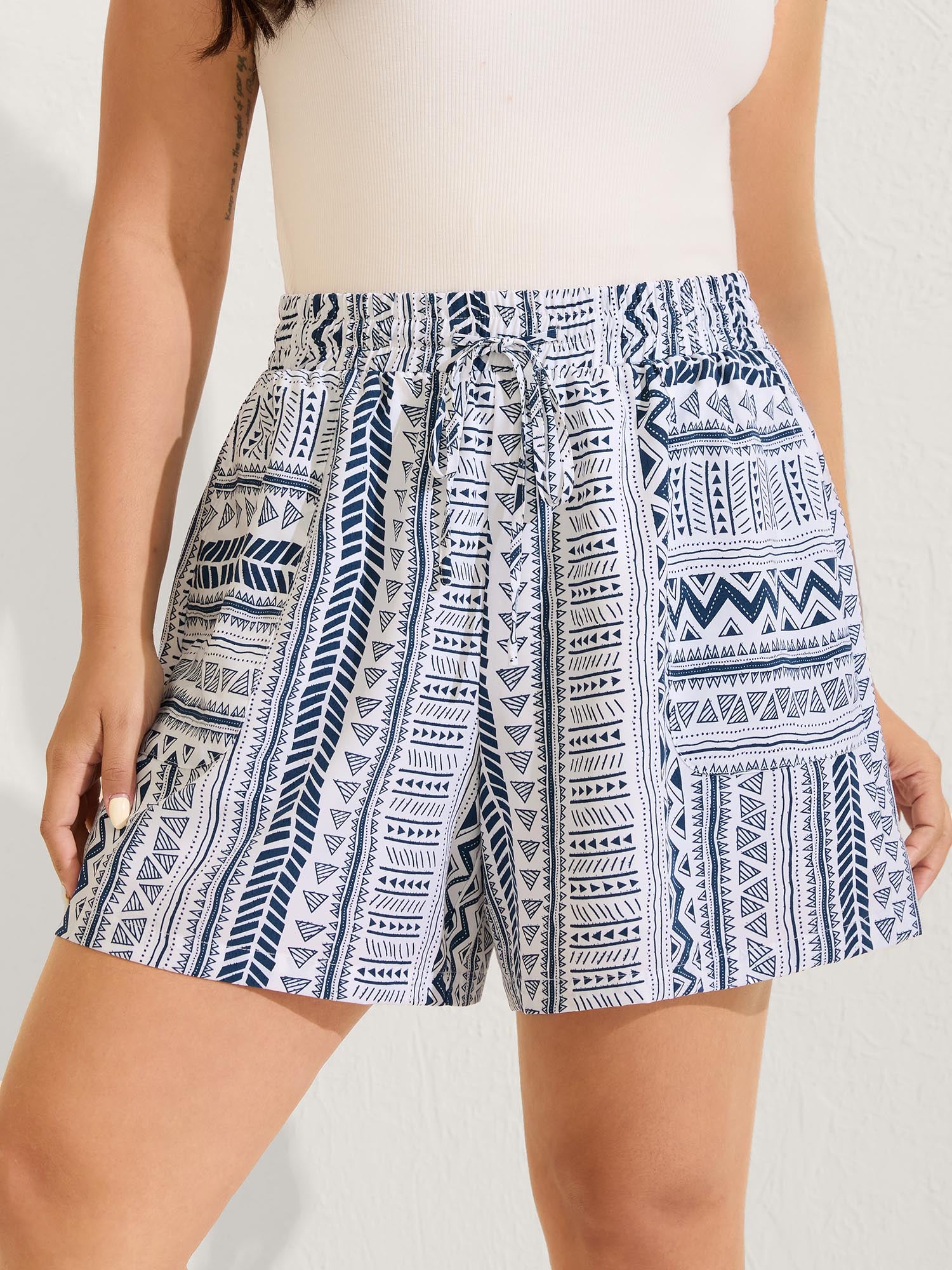Boho Stripe Drawstring Straight-Leg Shorts