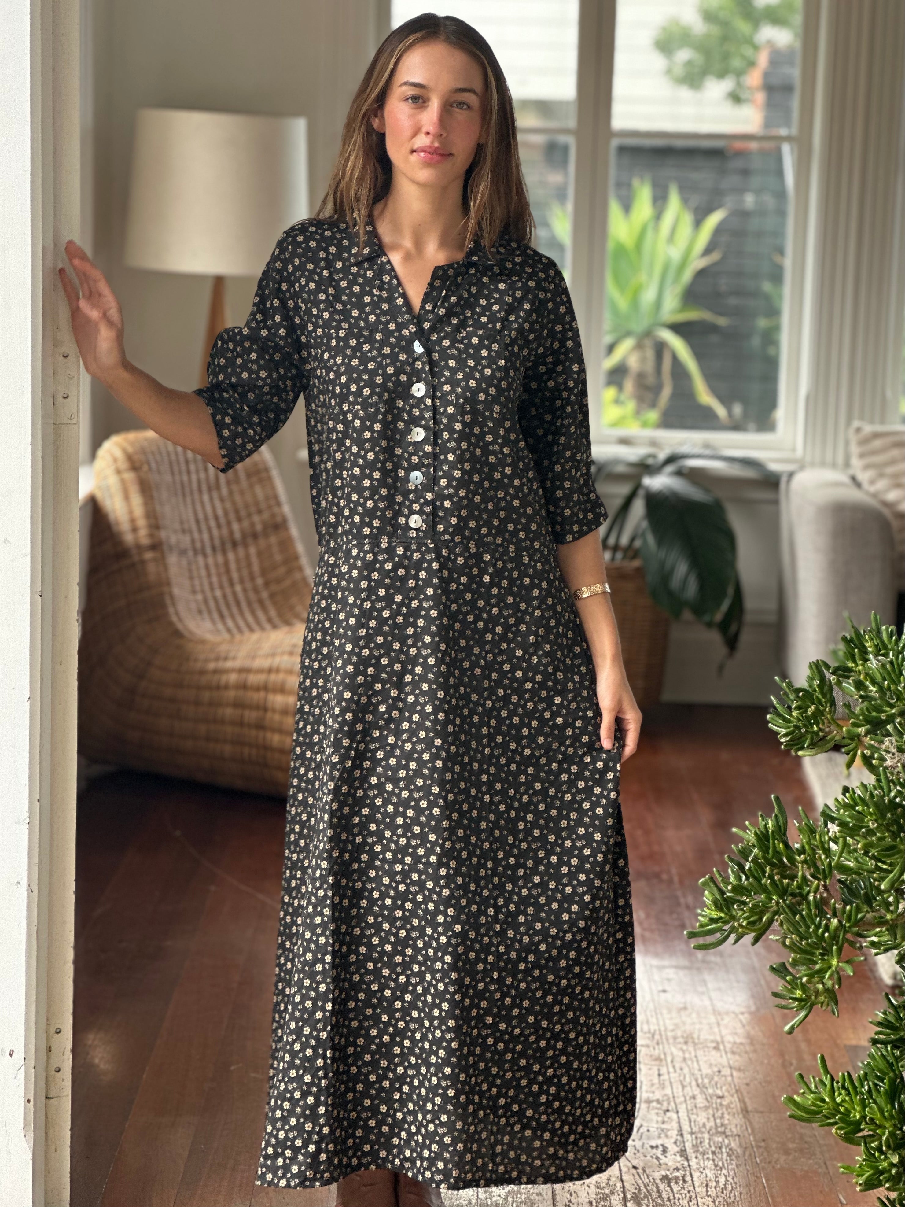 bridget dress -small charcoal  flower cotton