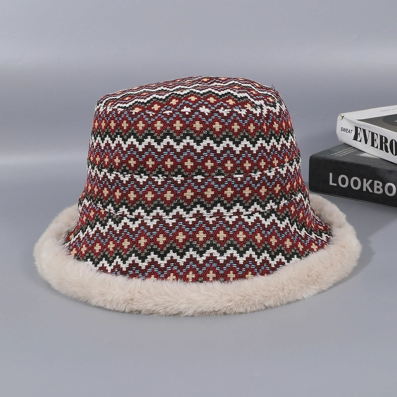 Women's Casual Vacation Ethnic Style Color Block Plush Wide Eaves Bucket Hat