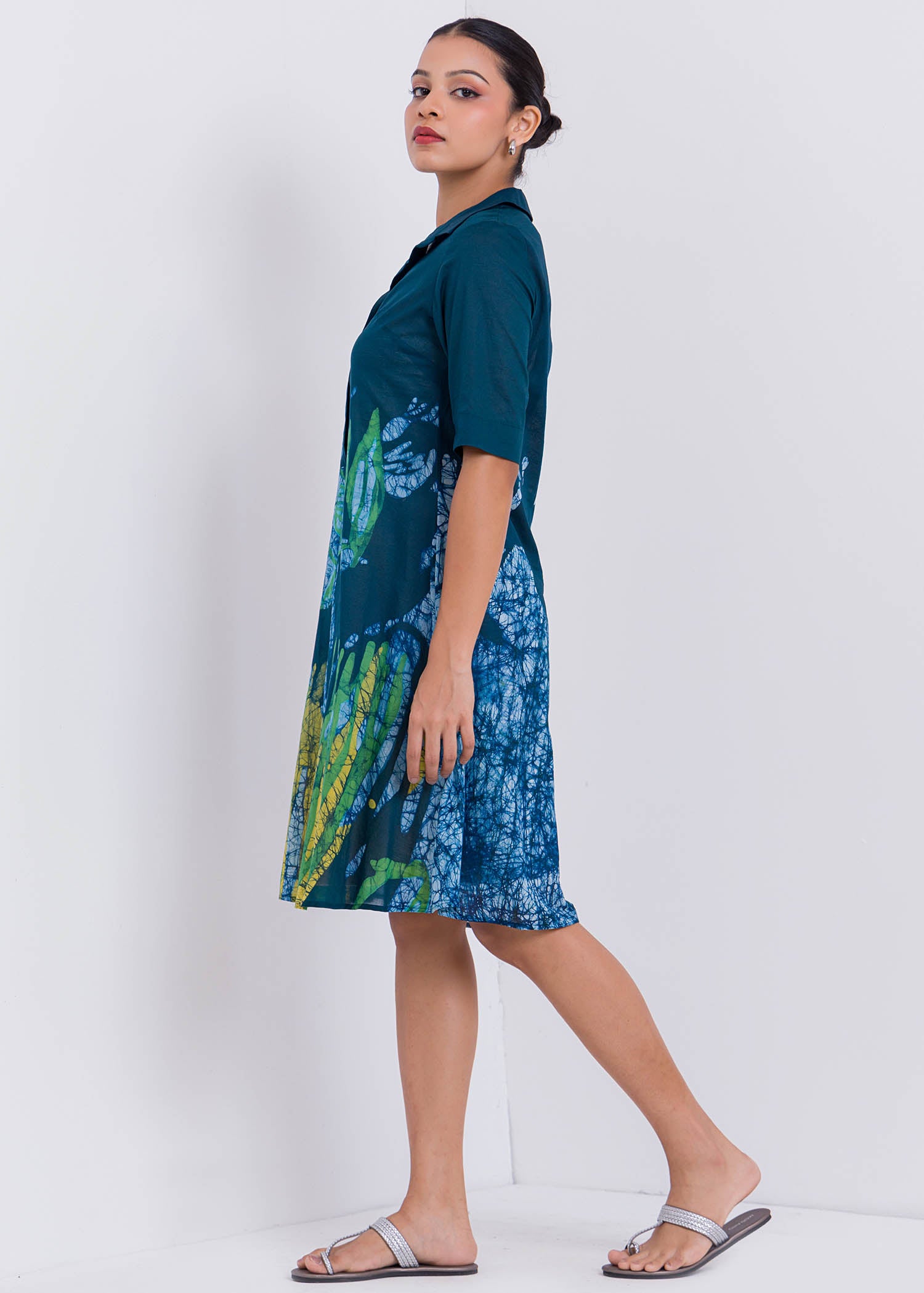 Bird Printed Collared Batik Dress