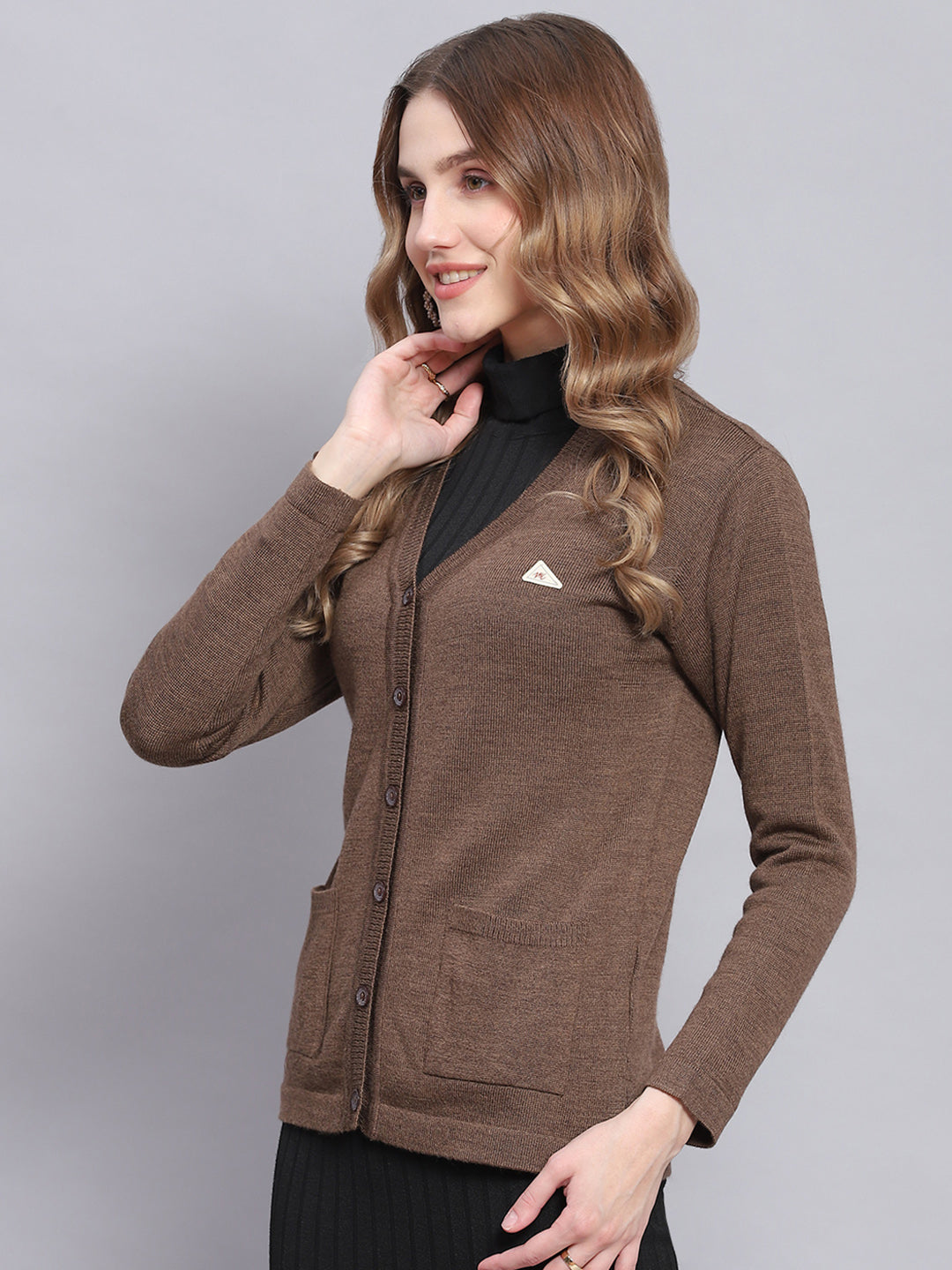 Women Brown Solid V Neck Full Sleeve Cardigans