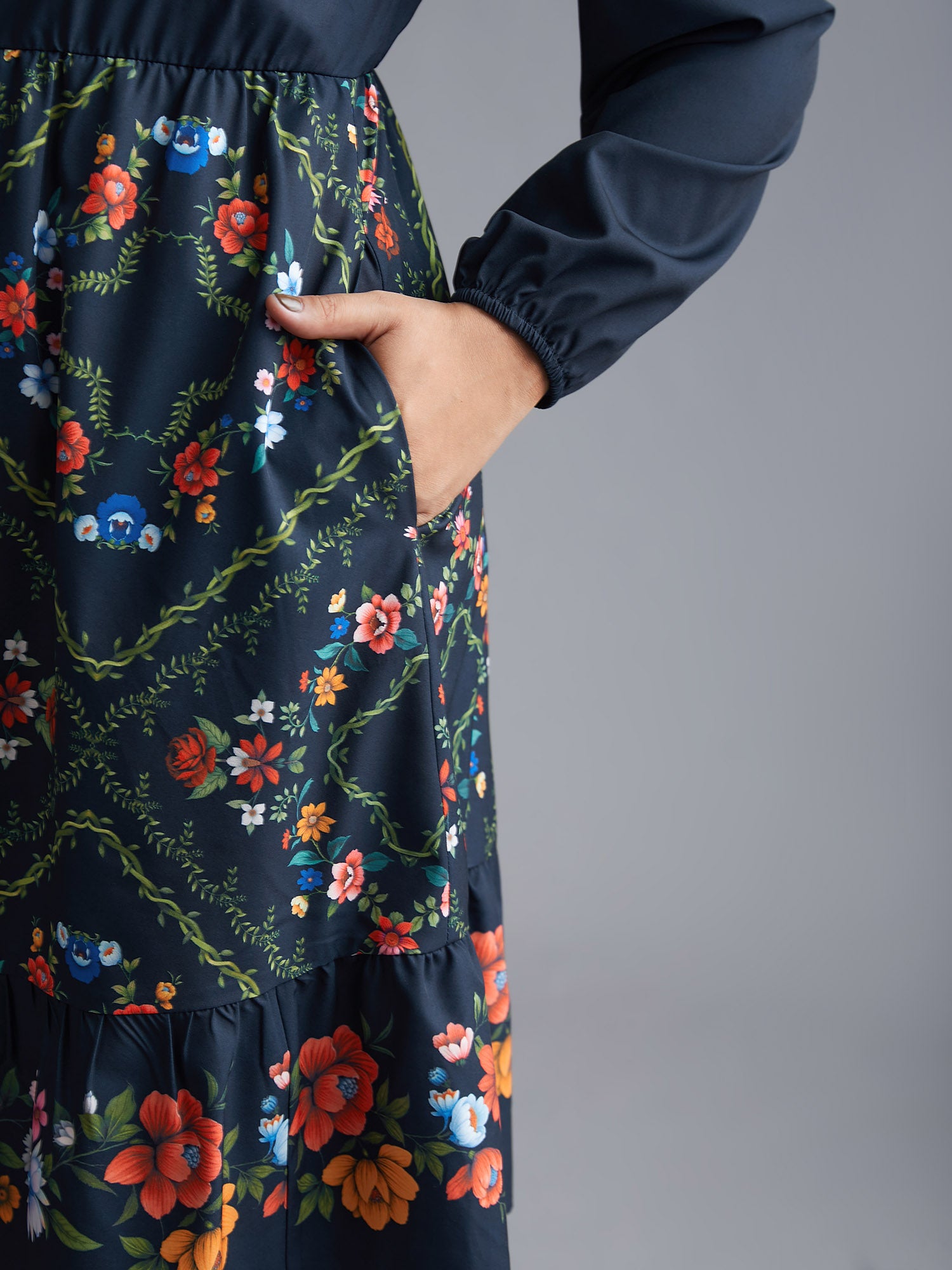 Floral Printed Heart neckline Lantern Sleeve Dress