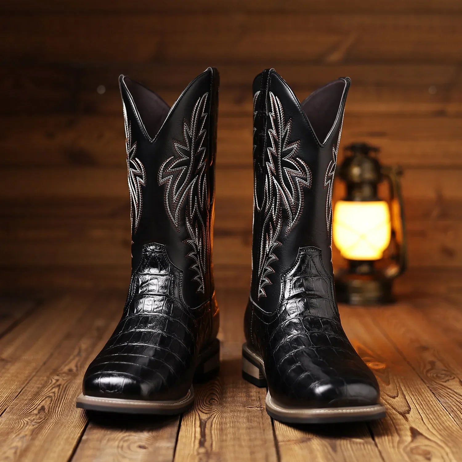 Mens Western Cowboy Boots Square Toe Embroidered Mid-Calf Crocodile