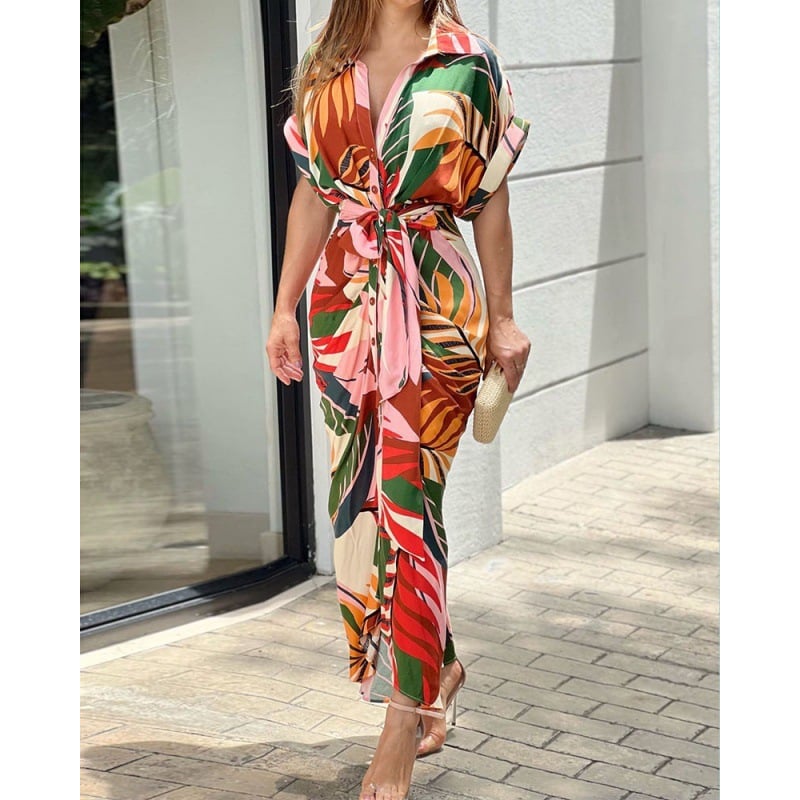 Casual Lapel Neck Waist Print Shirt Dress(Buy 2 Get Free Shipping)