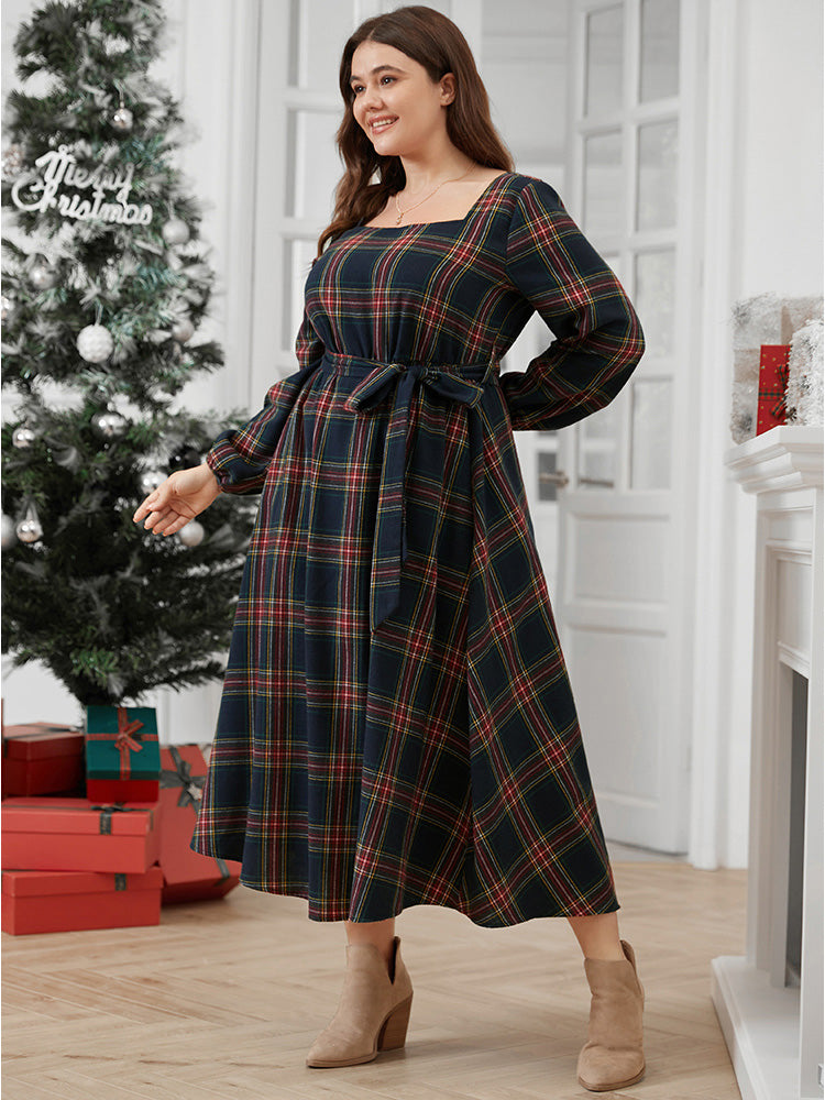 Plaid Lantern Sleeve Pocket Belted Square Neck Dress