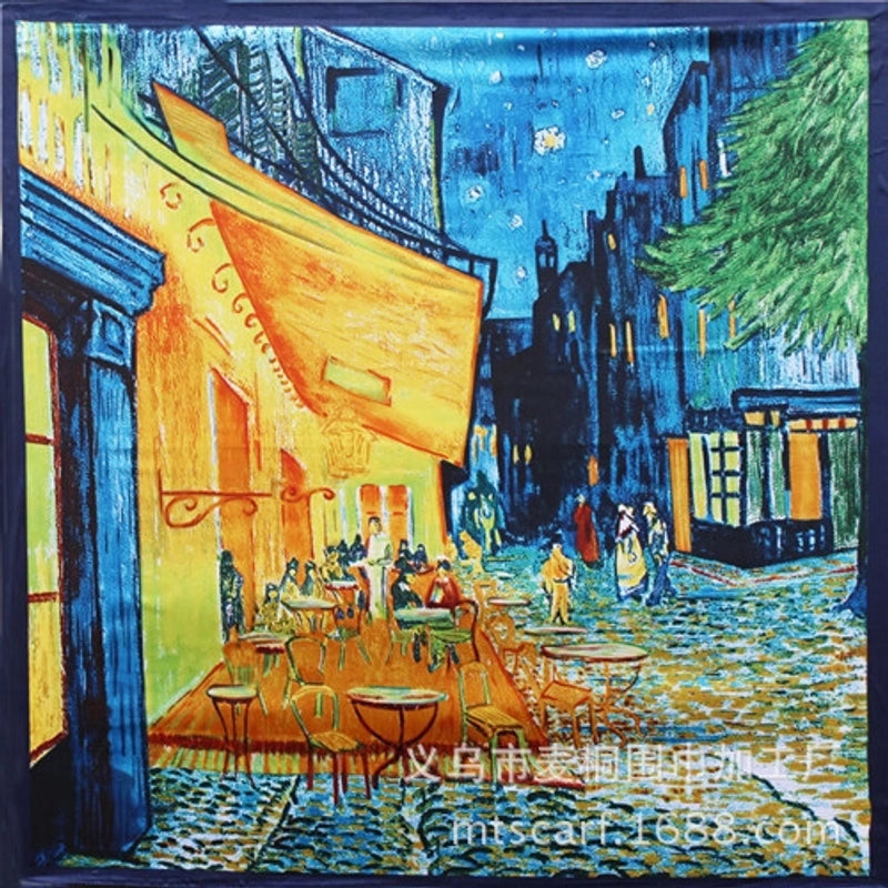 90cm Oil Painting Coffee House Alley Satin Ladies Large Square Scarf