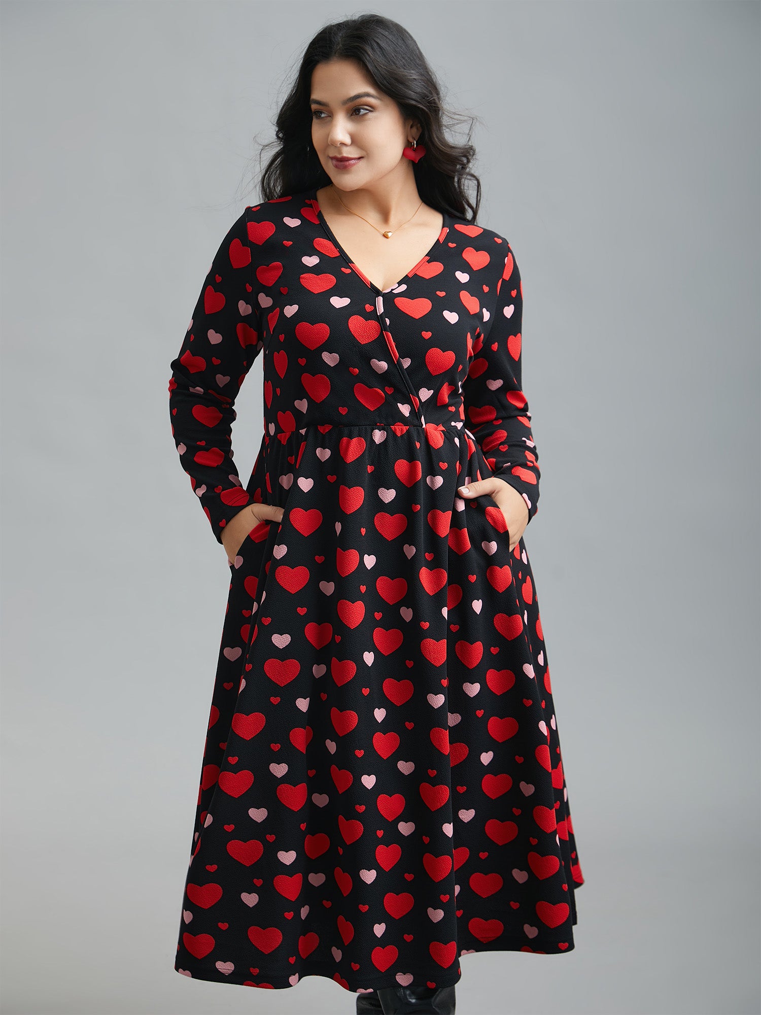 Wrap Neck Hearts Print Knit Dress