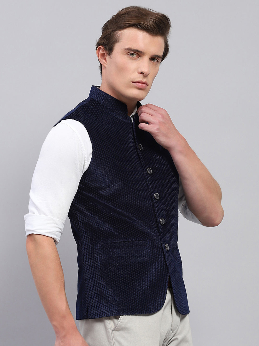 Men Navy Blue Self Design Band Collar Sleeveless Coat