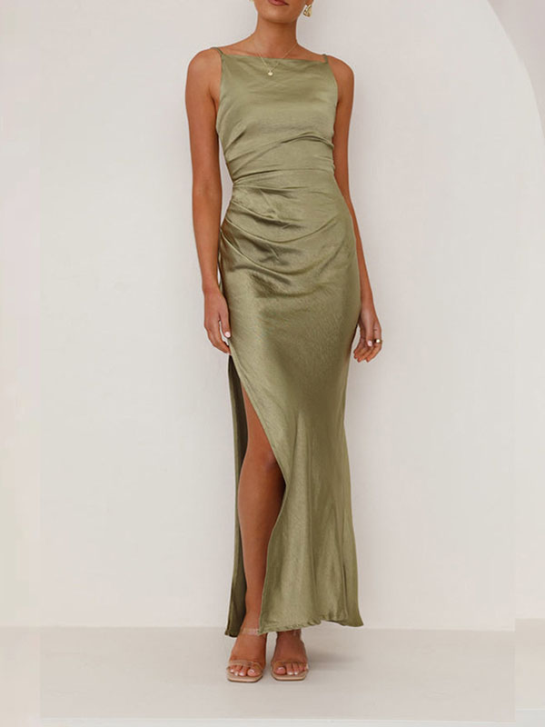 Sleeveless Pleated Solid Color Split-Joint Split-Side Spaghetti-Neck Midi Dresses