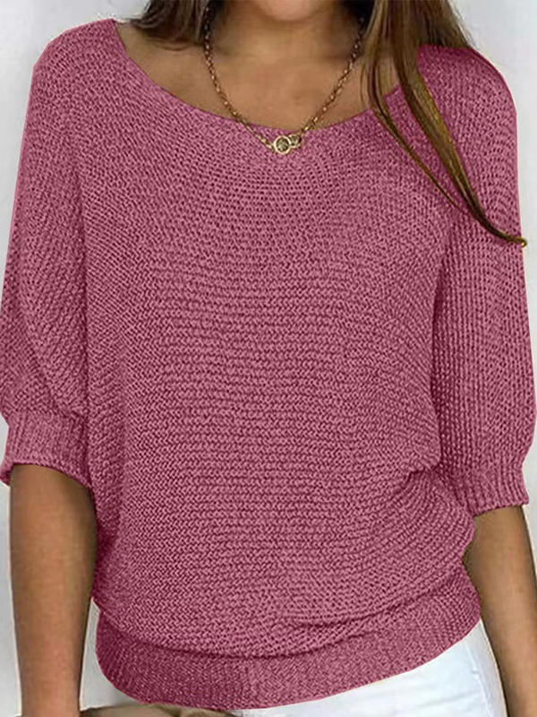 Loose Plus Size Solid Color Split-Joint Round-neck Sweater Tops