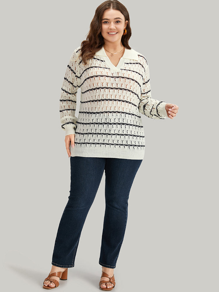 Striped Hollow Out Lapel Collar Pullover