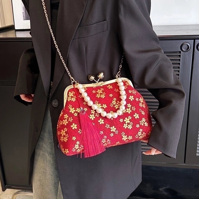 Women's Cloth Flower Elegant Pearls Sewing Thread Shell Clasp Frame Shoulder Bag