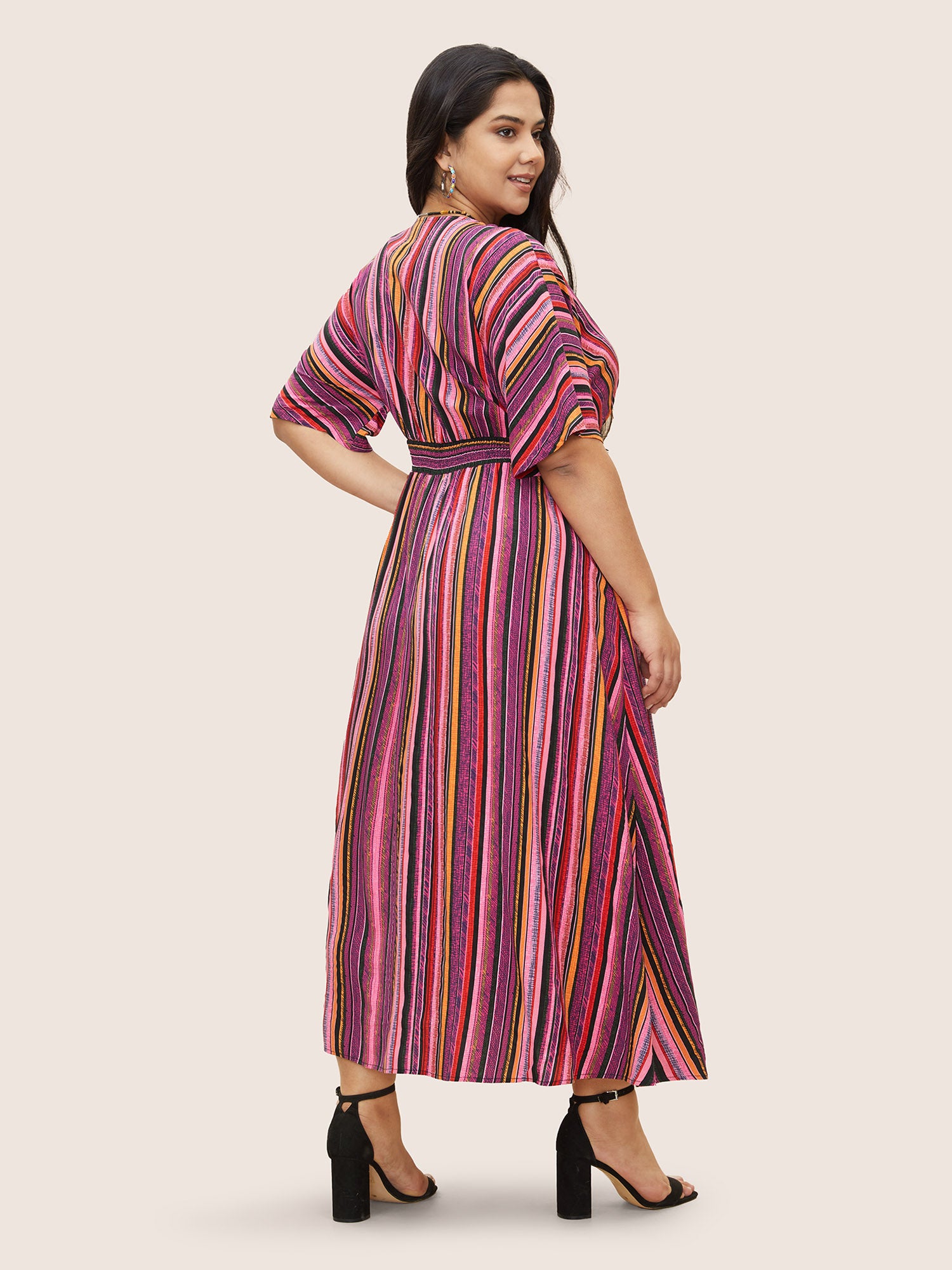 Striped Contrast Dolman Sleeve Shirred Pocket Split Flutter Dress