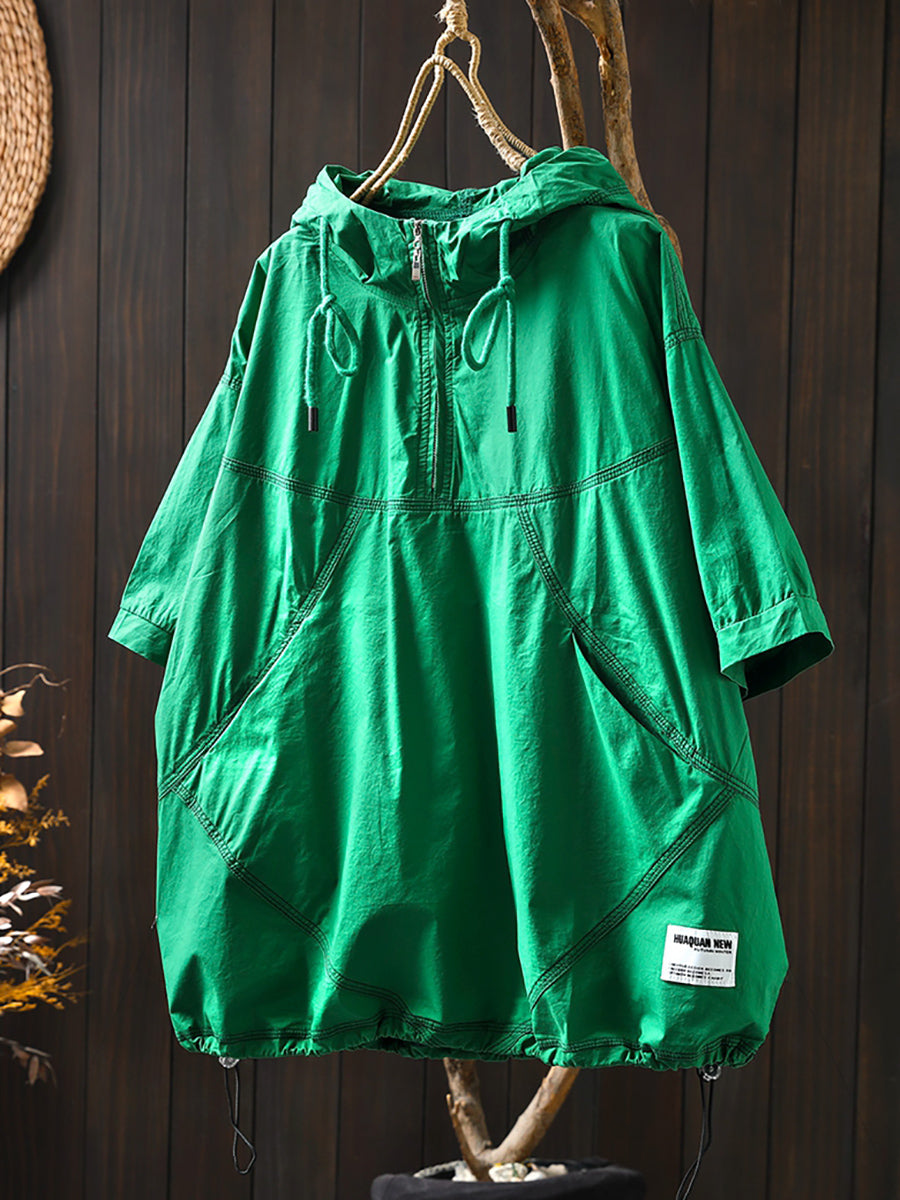 Women Summer Artsy Drawstring Hooded Cotton Shirt