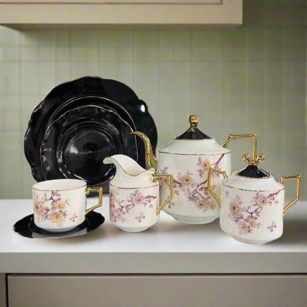 MODERN CERAMIC FLORAL TEASET (WHITE & BLACK 2.0)