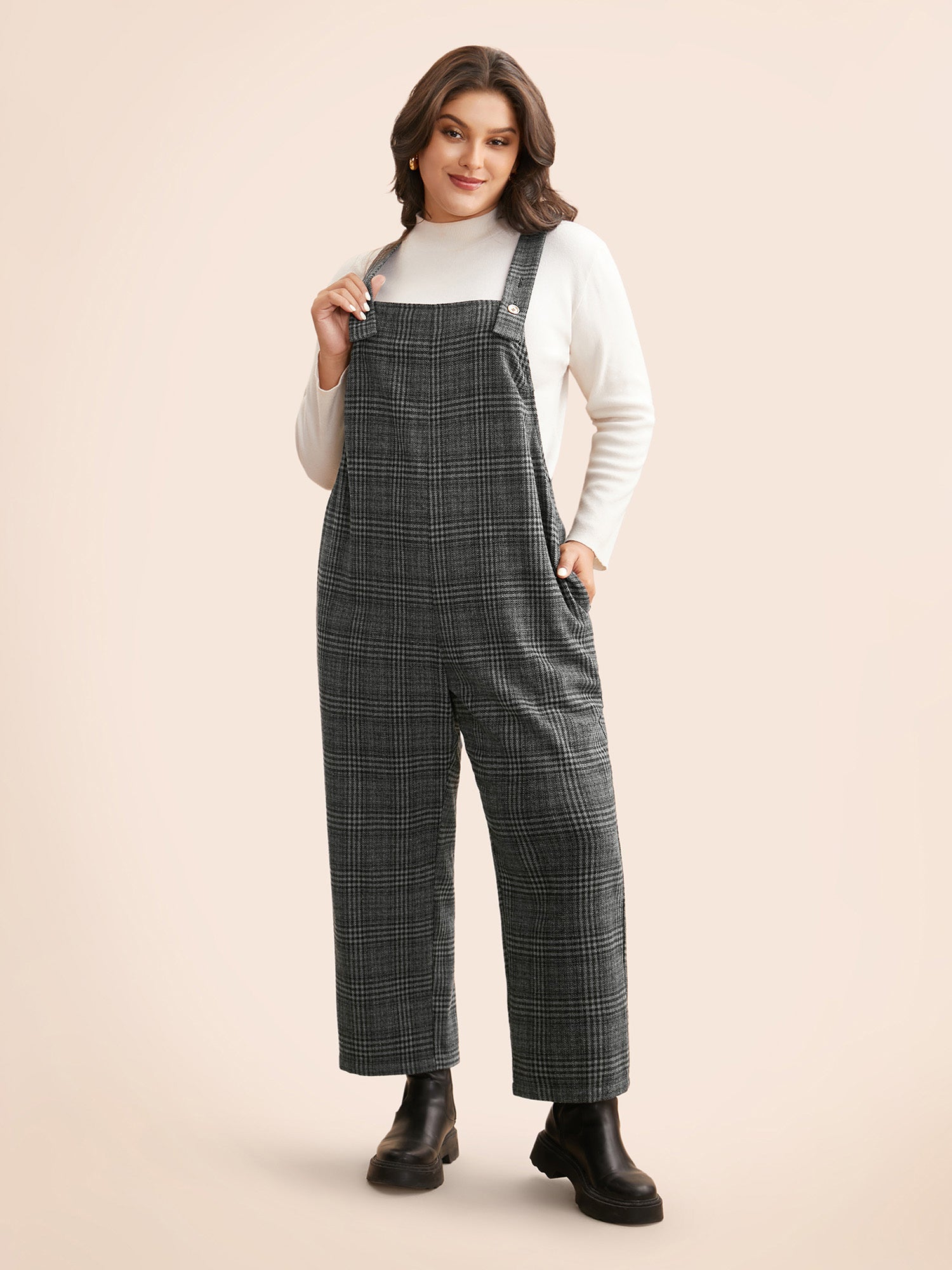 Plaid Adjustable Straps Pocket Jumpsuit