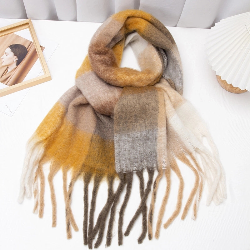 Autumn And Winter New Thick Warm Color Plaid Scarf Loop Yarn Thick Tassel Color Matching Ac Shawl Scarf Women