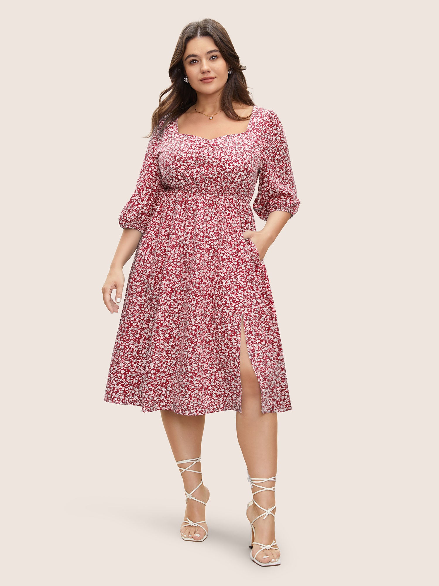 Ditsy Floral Print Square Neck Split Hem Dress