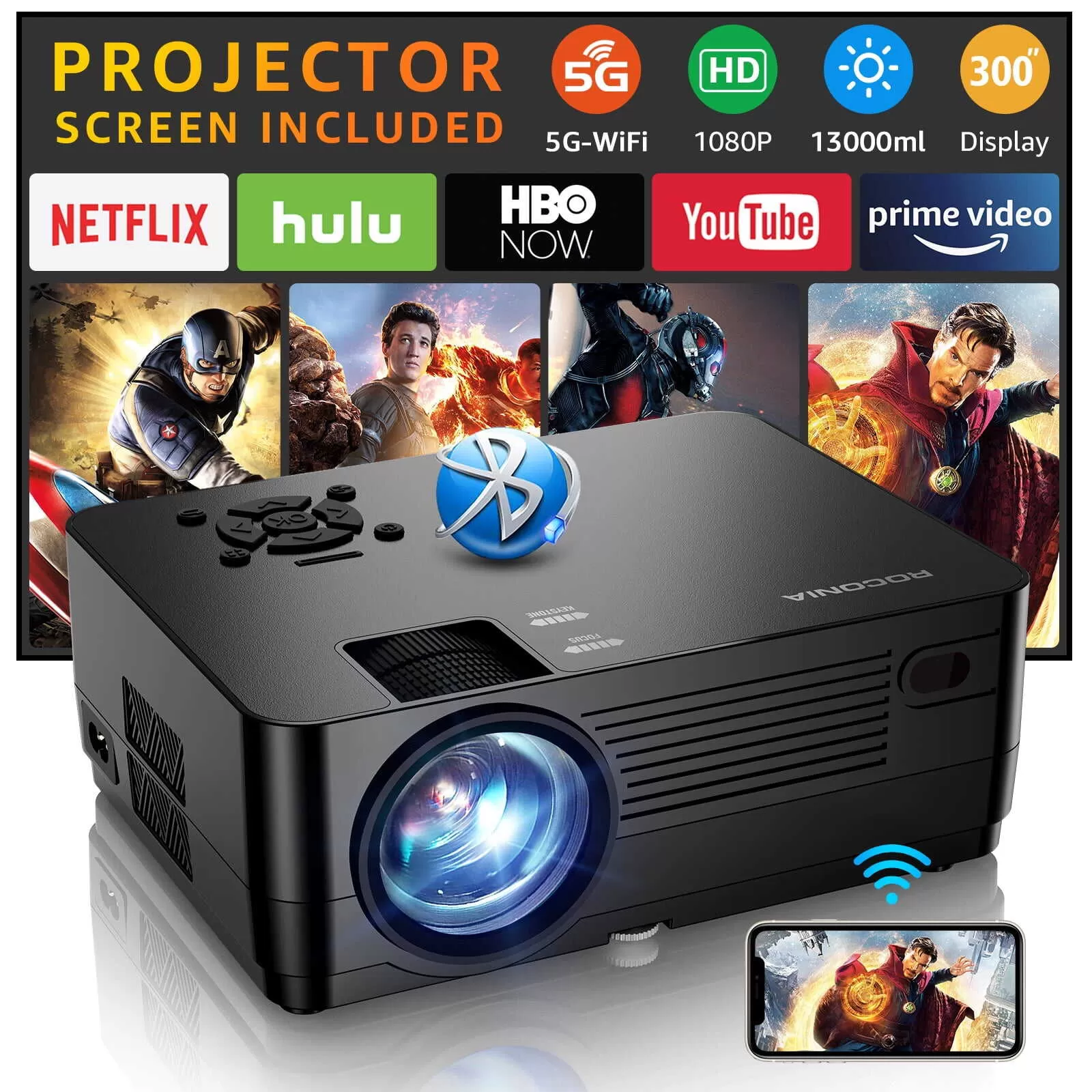 🔥ROCONIA Proyector 5G WiFi Bluetooth Nativo 1080P, Proyector de películas Full HD de 13000 lm, tecnología LCD, pantalla de 300 pulgadas, compatible con cine en casa 4k, (pantalla de proyector incluida)