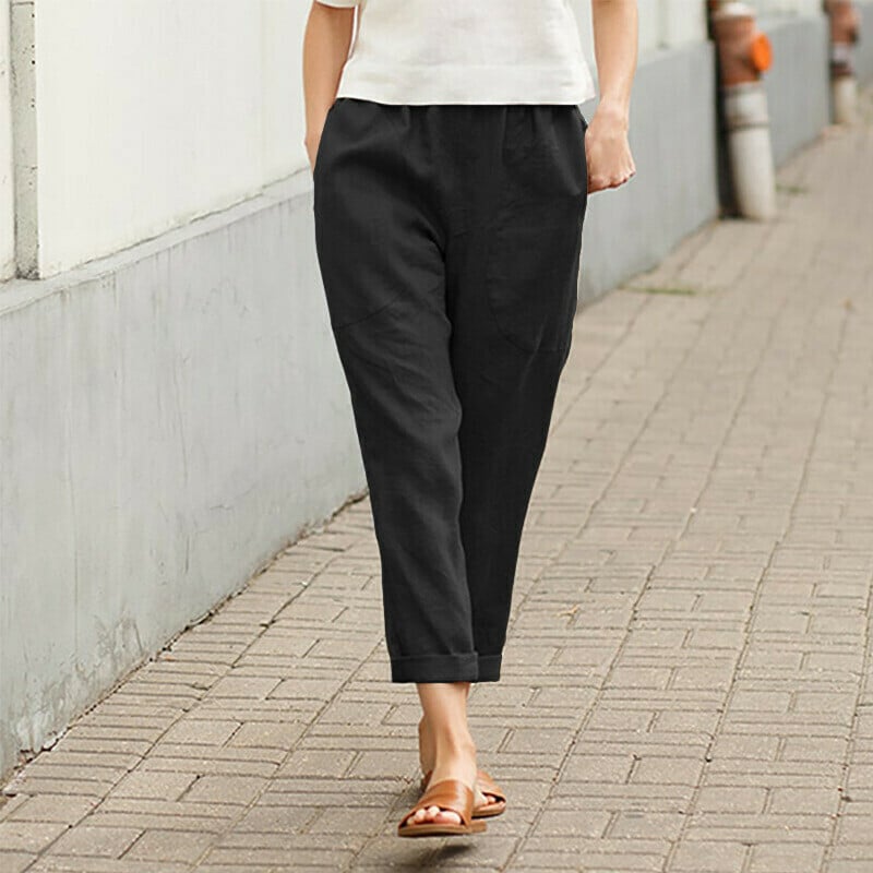 Solid Color Cotton and Linen Casual Pants with Pockets