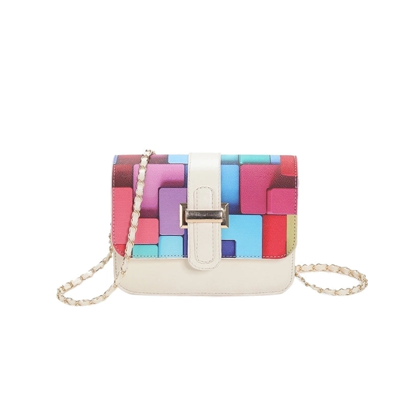 Women's Pu Leather Color Block Fashion Square Flip Cover Shoulder Bag Crossbody Bag