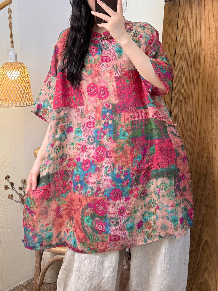 Women Summer Retro Flower Ramie Stand Collar Long Shirt