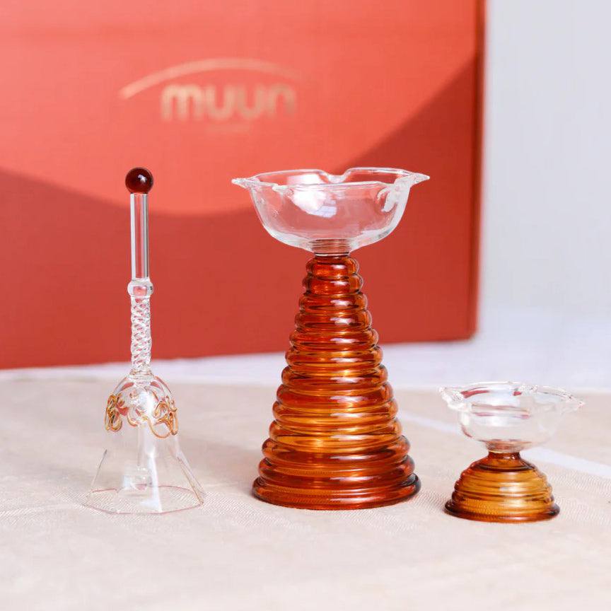 Glass Diya Set with Bell - Amber