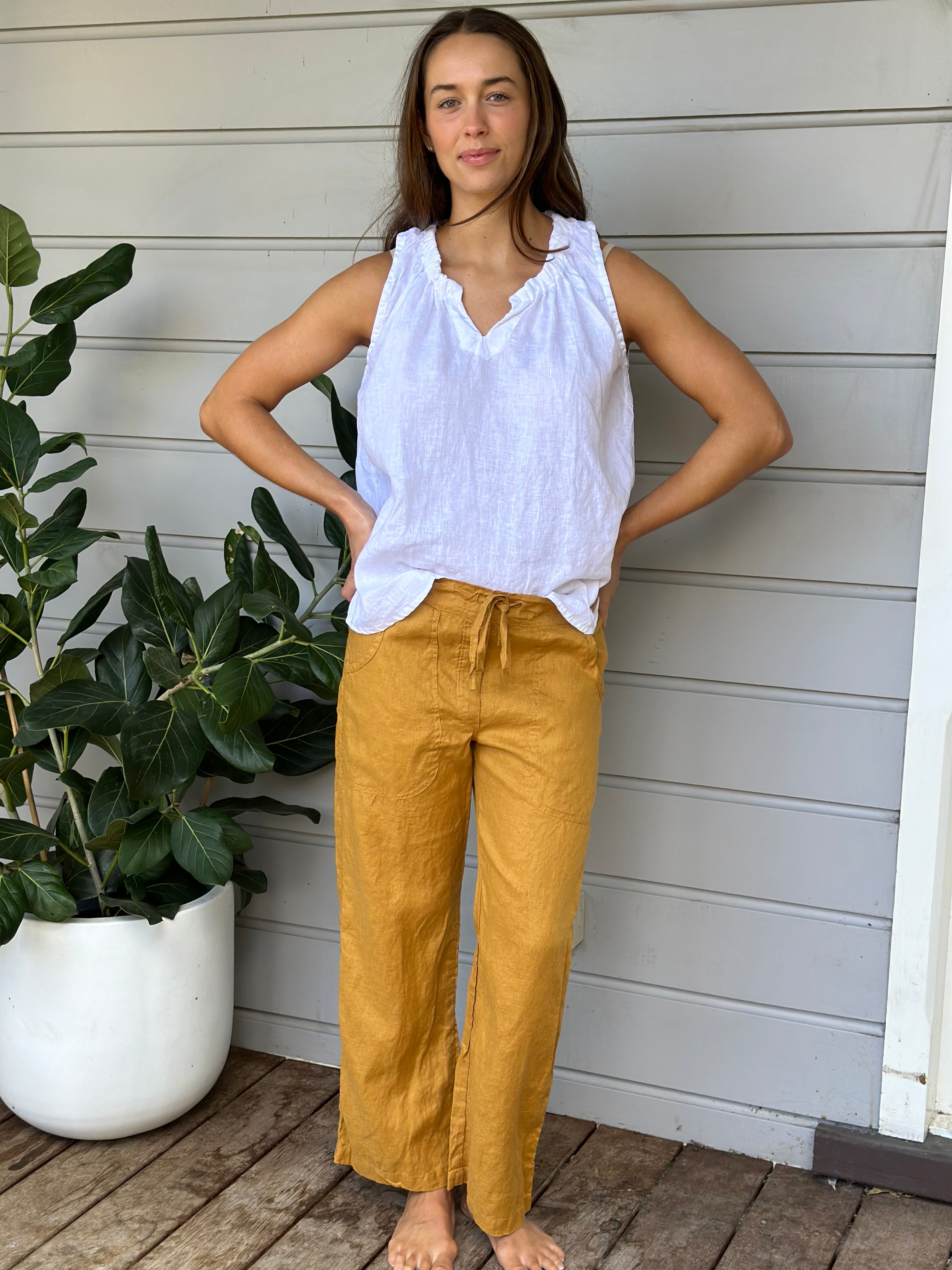 fleur straight leg pants - turmeric linen