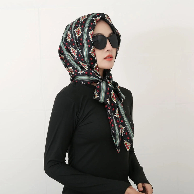 Women's Elegant Retro Flower Satin Printing Silk Scarf