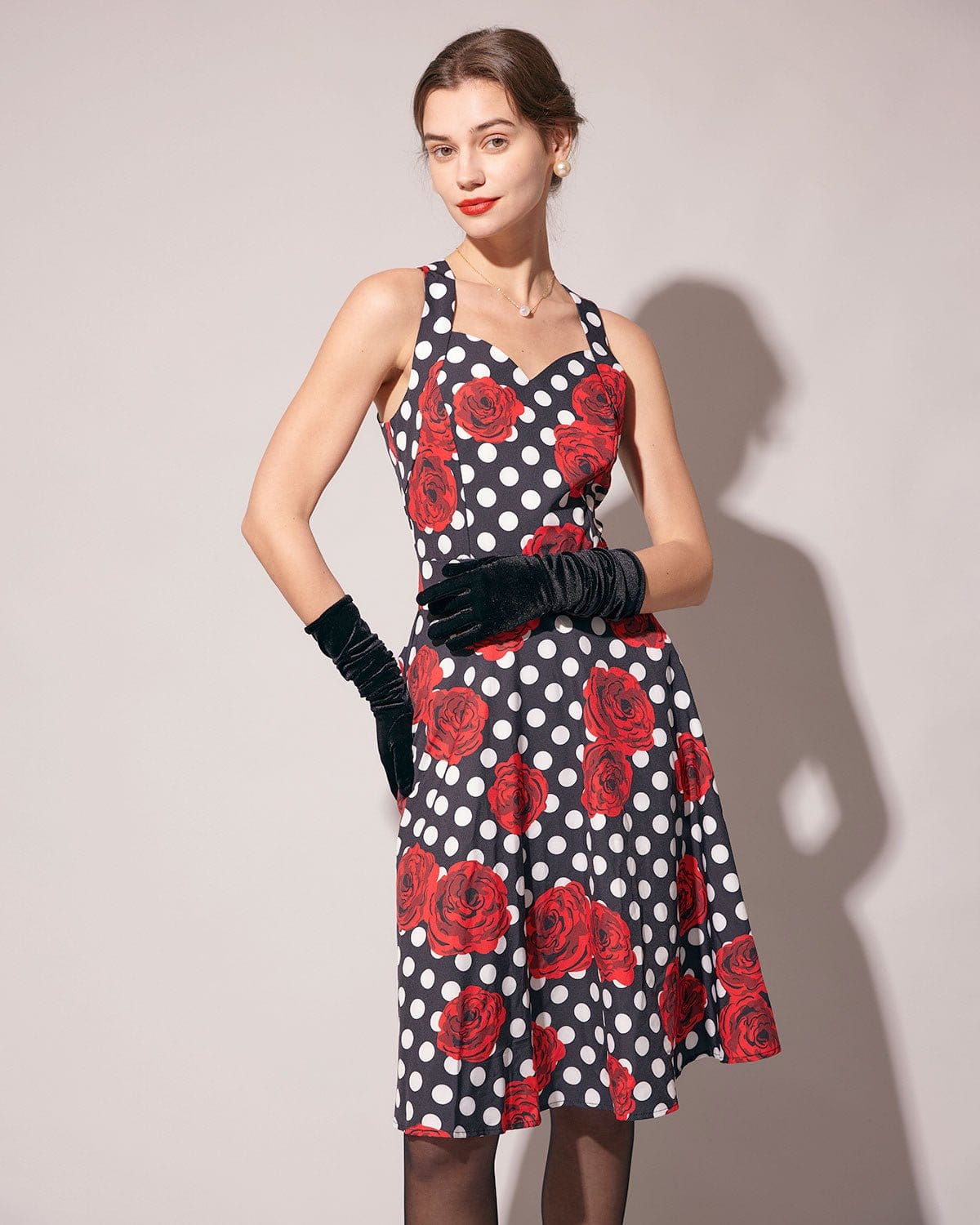 The Sweetheart Neck Polka Dot Rose Halter Midi Dress