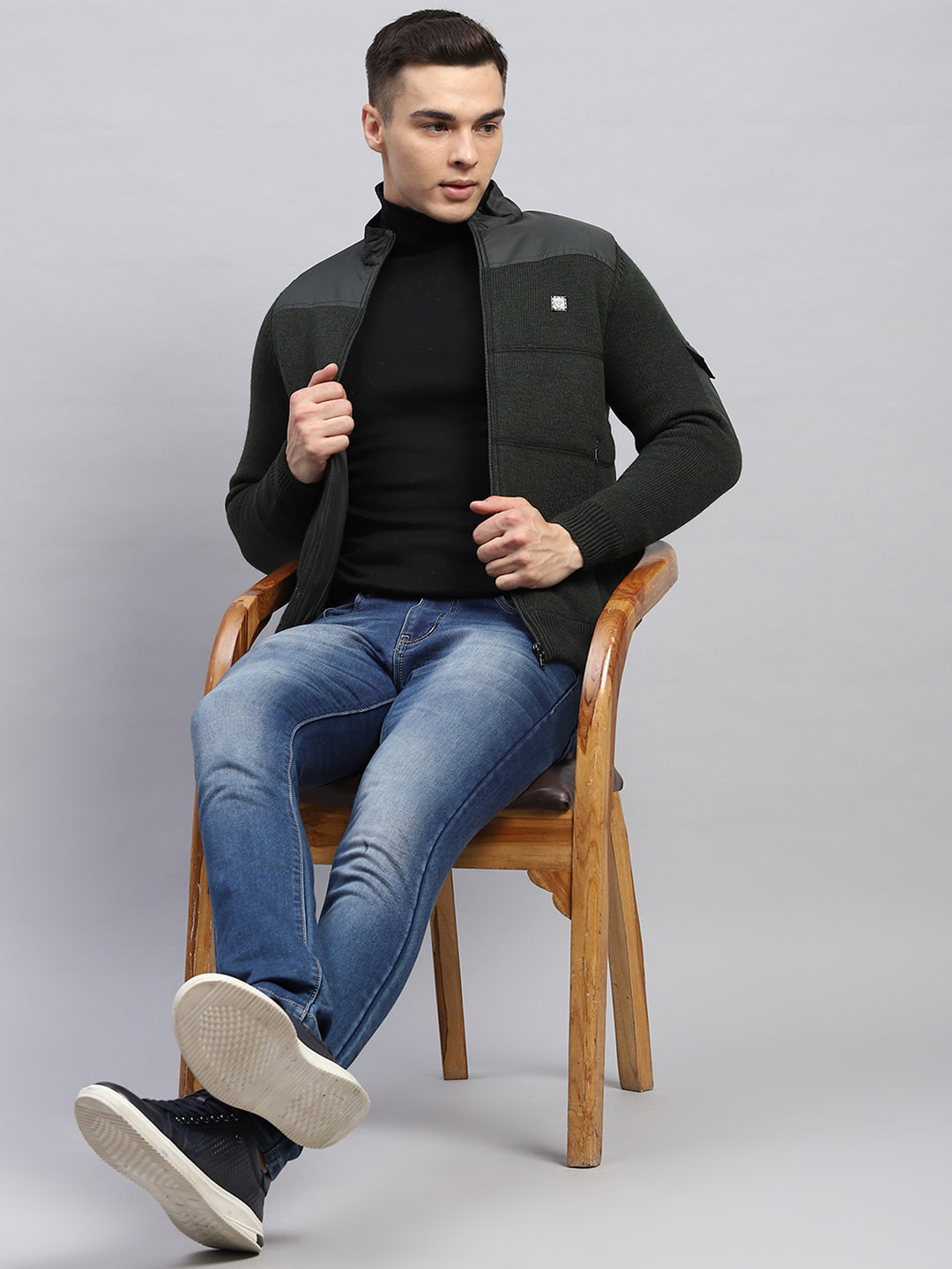 Men Green Self Design Mock Neck Full Sleeve Jacket