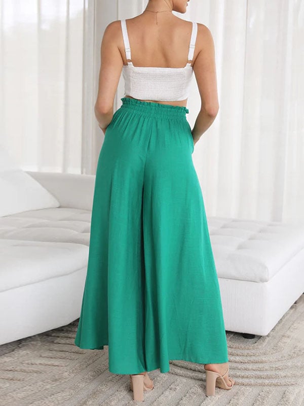 High Waisted Loose Drawstring Elasticity Pockets Solid Color Pants Trousers