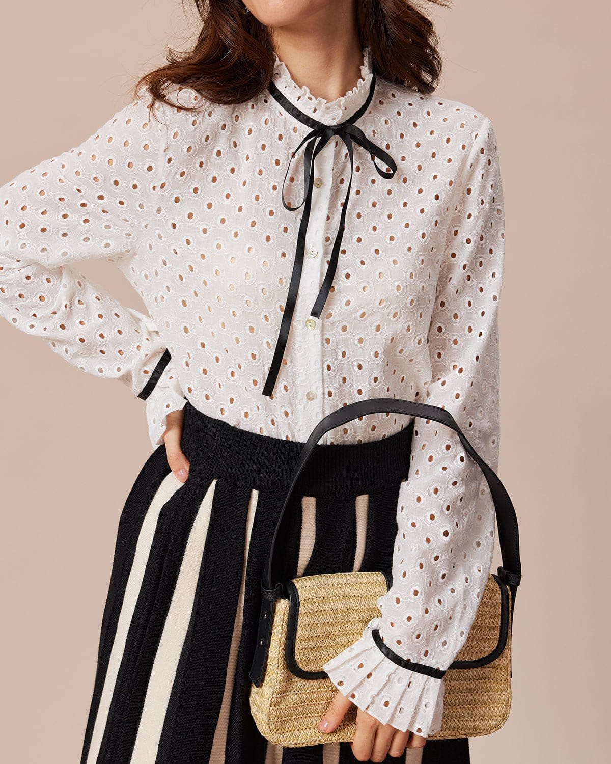 The White Mock Neck Polka Dot Cutout Blouse