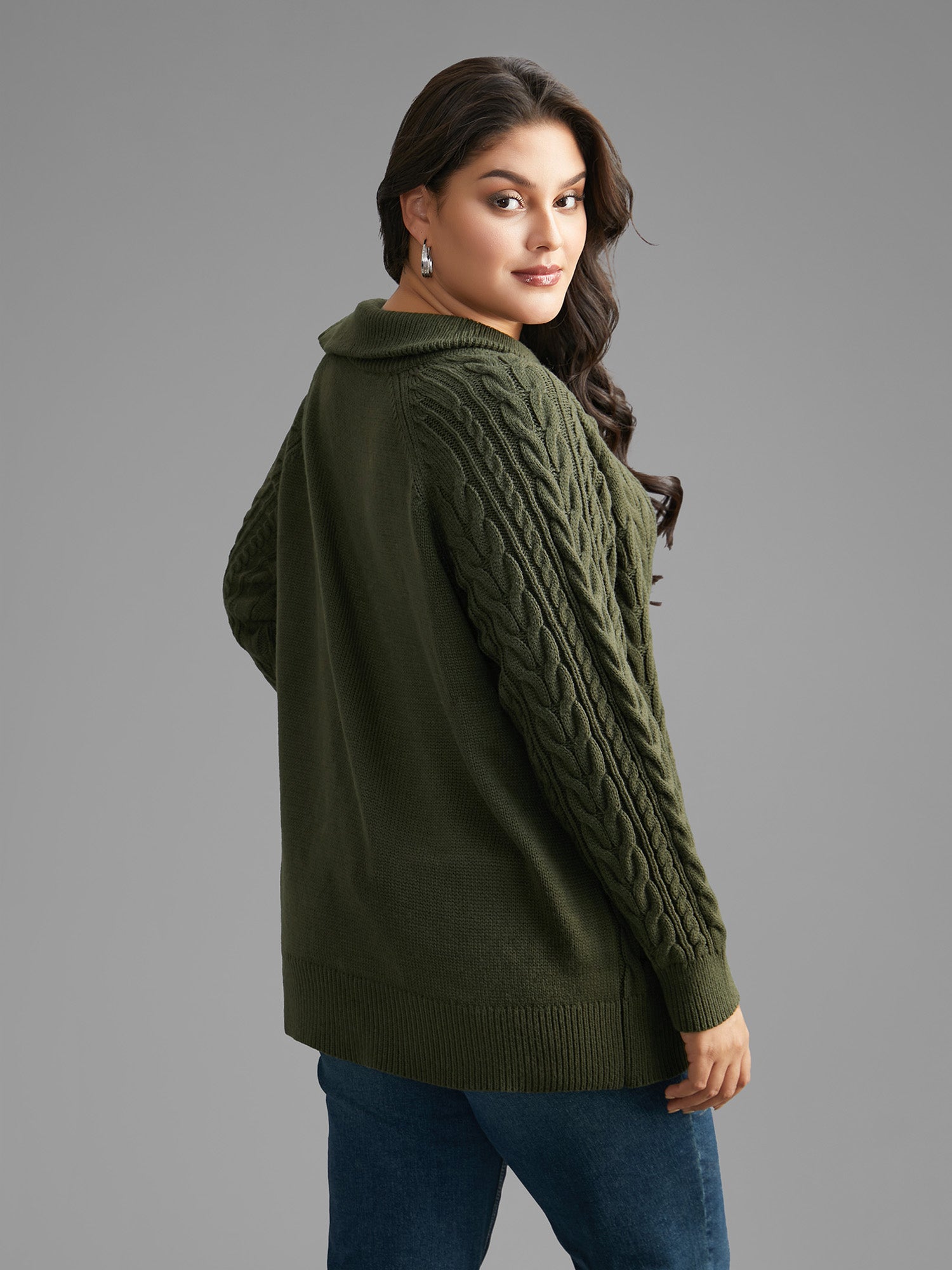 Asymmetrical Neck Cable Knit Zipper Pullover