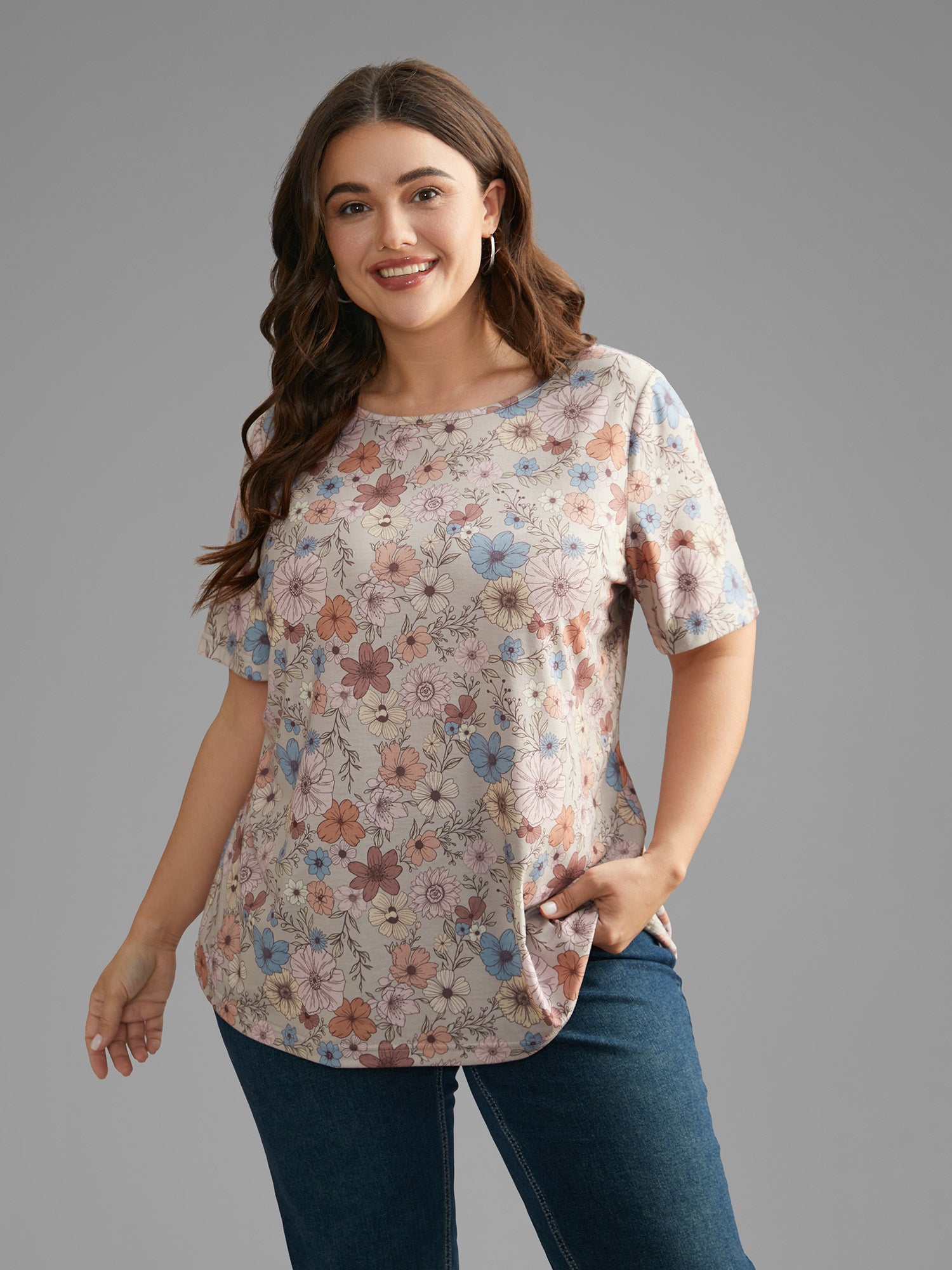 Crew Neck Floral Print Stretchy T-shirt