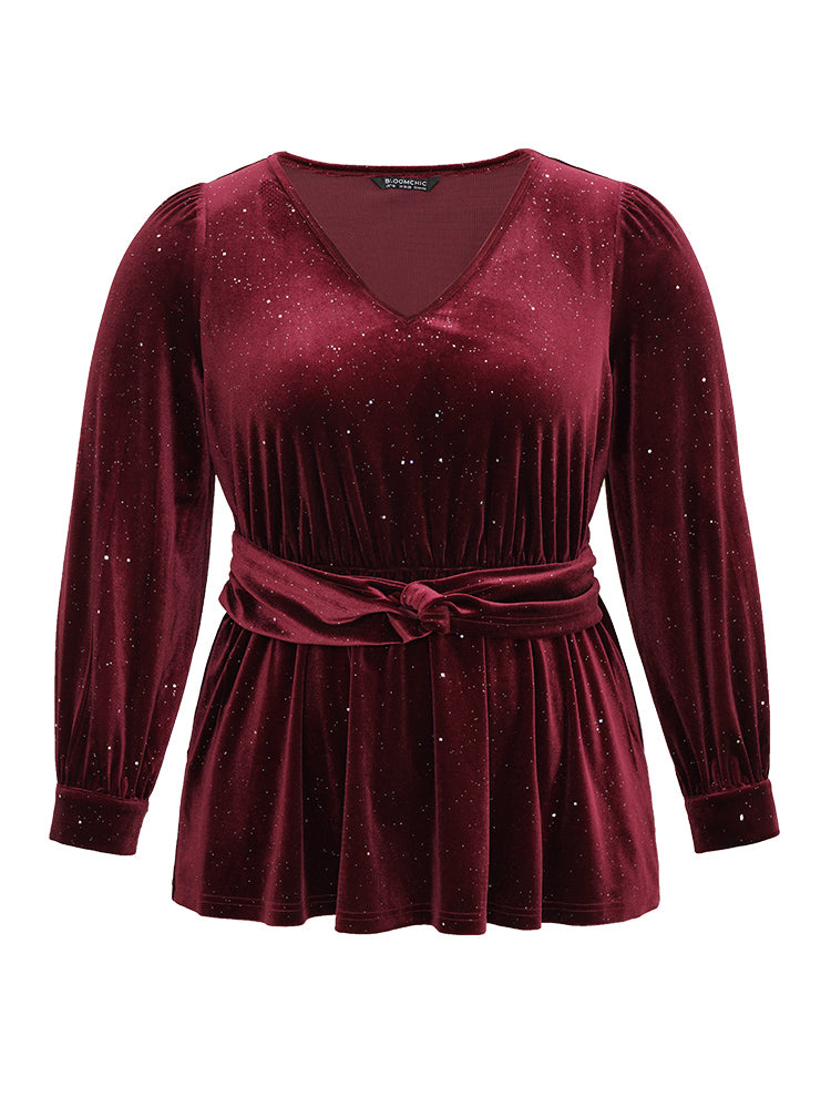 Glitter Sequin Velvet Twist Front V Neck Blouse