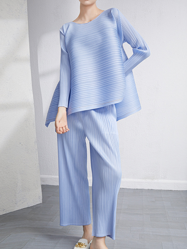 Loose Pleated Solid Color High-Low Round-Neck T-Shirts  + Pants Two Pieces Set