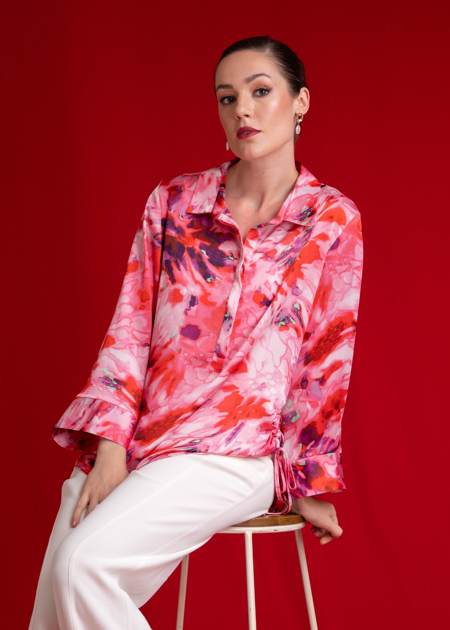 Long Sleeve Printed Blouse With Side Draw Cord Detail