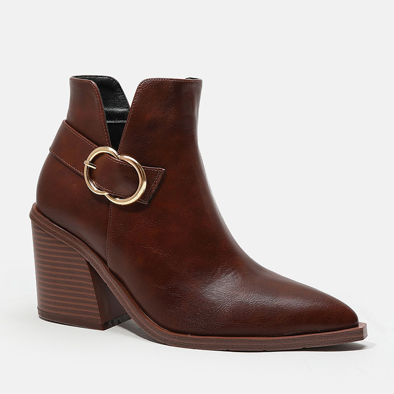 Metal Buckle Pointy Toe Chunky Heels Slit Ankle Boots